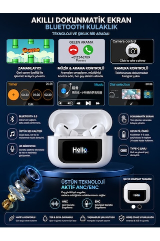 Akıllı Ekranlı Bluetooth Kulaklık Dokunmatik Ekranlı Şarj Kutusu Beyaz