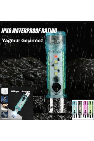 Gaman Ey023 10watt Ultra Güçlü 6mod Kırmızı İkaz Ledli Şarjlı El Feneri Mavi