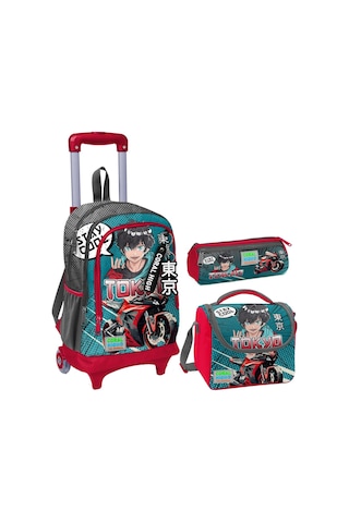 Coral High Gri Nefti Anime Motorsiklet Üçlü Çekçek Işıklı Tekerlekli Çanta Seti - Erkek Çocuk