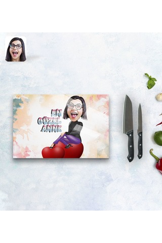 Kişiye Özel En Güzel Anne Karikatürlü Cam Kesme Ve Sunum Tablası