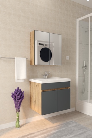 Makbulce Tokyo 65cm Seramik Lavabolu Mdf Aynalı Banyo Dolabı Atlantik Çam - Antrasit Gri