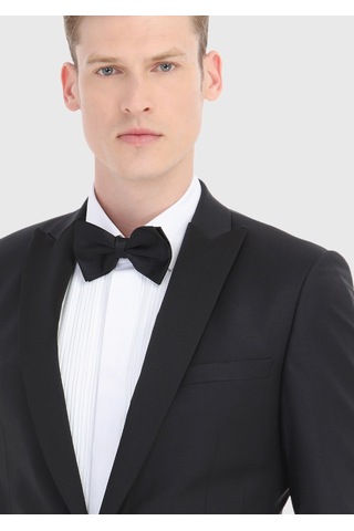 Ramsey Siyah Düz Fashion Slim Fit Kruvaze Yaka Dokuma Smokin Takım Elbise
