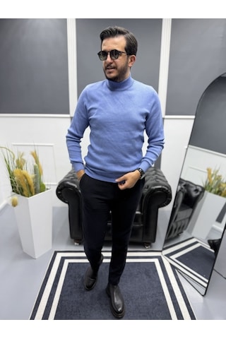Avni Ceylan Modern Erkek Slim Fit Balıkçı Yaka %100 Pamuk Pike Örgü Triko Kazak M.saks/o.mavi