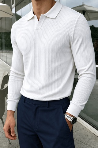 Genius Store Erkek Polo Yaka Kazak Fitilli Anti Pilling Tüylenme Yapmaz Regular Fit Erkek Triko Kazak Pyaka-kzk Beyaz