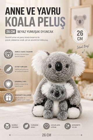 26 Cm Gri Anne Ve Yavru Koala Peluş Oyuncak Yumuşak Dekoratif Çocuk Odası Uyku Arkadaşı
