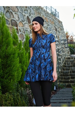 Tesmay 3401 Siyah Sporlycra Üstlü Hızla Kuruyan Kısa Kollu Yarı Tesettür Havuz Mayo Siyah