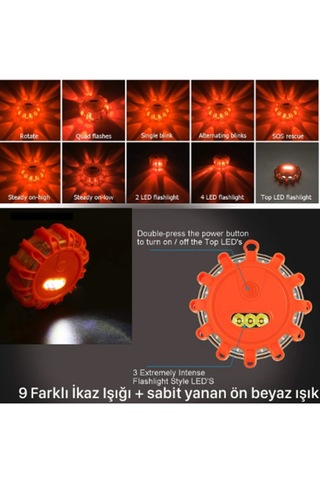 9 Mod Araç İş Makinesi Kamyon Acil Durum İkaz Lambası +fener Özelliği Su Geçimez - Mıknatıslı 1 Adet