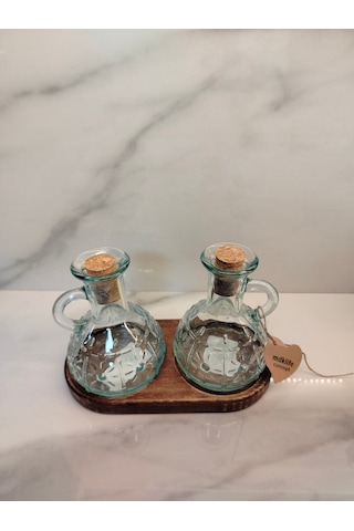 Mdklife Retro 3 Parça Bormioli Yağlık Set Ahşaplı Füme - Şeffaf