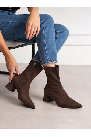 Dabab Shoes Bega Kadın Acı Kahve Streç Süet Sivri Burun Fermuarlı 6 Cm Kalın Topuklu Bot Bootie Kahverengi