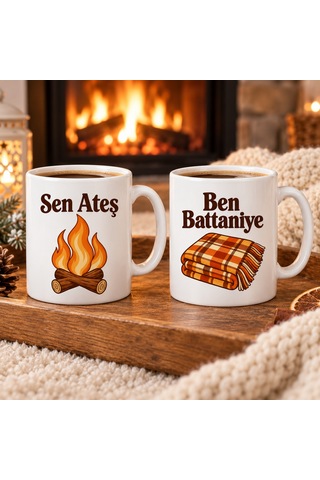Sen Ateş Ben Battaniye 2'li Porselen Kupa Seti - Model 386 Çok Renkli