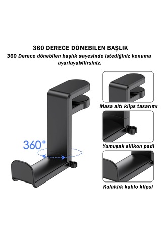 Microcase Masaya Monte Ayarlanabilir 360 Derece Döner Kablo Tutuculu Oyuncu Kulaklık Eşya Vb. Tutucu Stand - Al5425