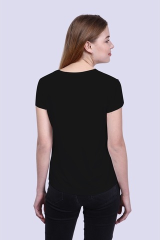 Kadın Siyah Ön Araba Baskılı V Yaka Tshirt Siyah