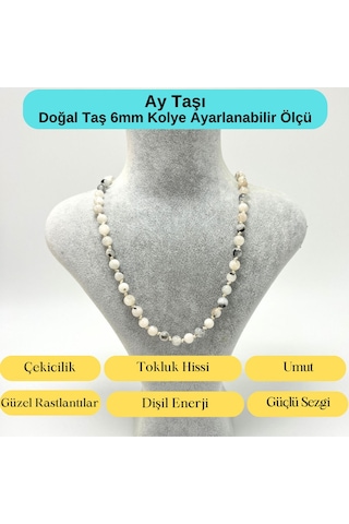 Yıldız Doğal Taş Ay Taşı Doğal Taş 6 MM Makrome Kolye 45 CM - 55 CM Ayarlanabilir Beyaz