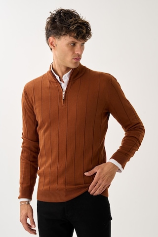 Dikey Dokuma Desenli Fermuarlı Triko Kazak Kiremit