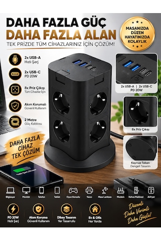 8'li Soket Priz 2 Usb 2 Type-c Pd 20w Akım Korumalı Anahtarlı Çoklayıcı Priz 0 - 2 M