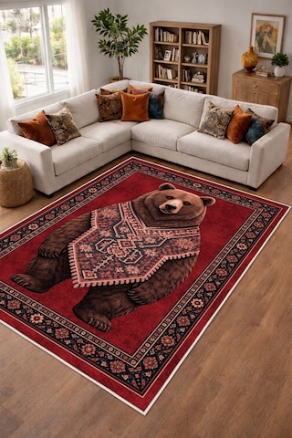 Retro Ayı Bordo Dijital Baskı Halı Kaymaz Tabanlı Yıkanabilir Halı Yolluk Salon Halısı126