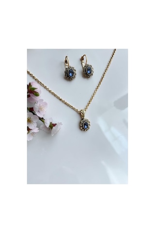 Kristal Taşlı Oval Kolye Ve Küpe Seti Mavi