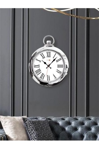 Kromajlı 42Cm Çerçeve Romen Rakkamlı Beyaz Zemin Cam Duvar Saati Gümüş