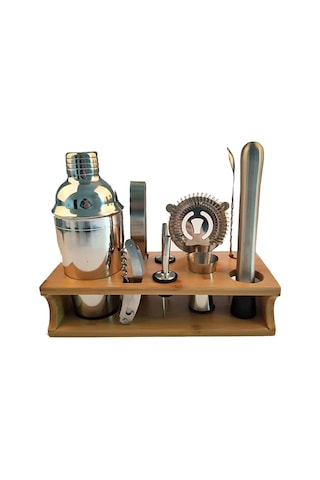 Sones 10'u 1 Arada Paslanmaz Çelik Çalkalayıcı Bambu Stand Seti Eğik Ağızlı Bar Kokteyl Barmenlik Aracı