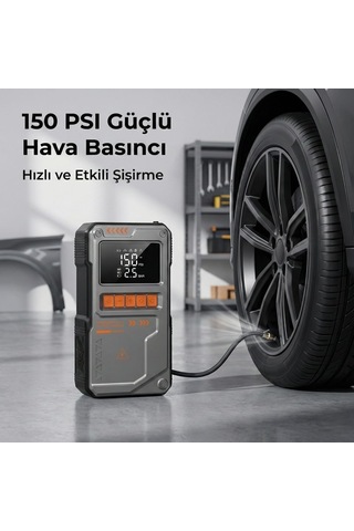 Akü Takviyeli Lastik Şişirme Hava Kompresörü, 150 Psı Güçlü Hava Basıncı, 10000 Mah Uzun Şarj Ömrü, Akü Ju