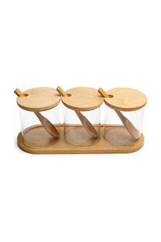 3 Lü Cam Baharatlık 8x8 Cm Seti Bambu Kapaklı Kaşıklı Altlık Cam Şık Mutfak Düzenleyici Şeffaf