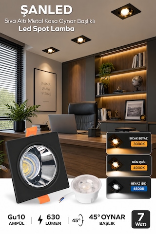 7w 3 Renkli Sıva Altı Kare Metal Siyah Krom Kasa Oynar Başlıklı Gu10 Led Spot 10 Adet Siyah - Krom