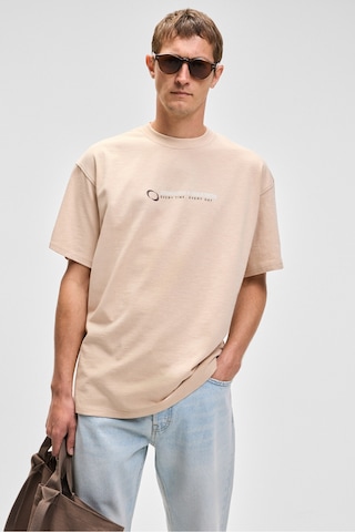 Grimelange MANOL Erkek Bisiklet Yaka %100 Organik Pamuklu Oversize Fit Bej T-Shirt