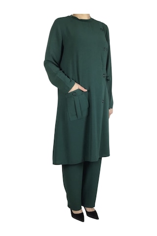 Kadın Önden Tek Cepli Sahte Düğme Detaylı Pantolon Beli Lastikli İkili Takım Yeşil