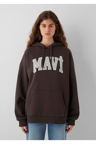 Mavi Logo Baskılı Kapüşonlu Kahverengi Sweatshirt 1600361-70222