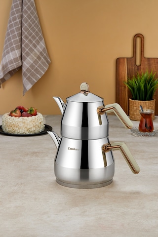 Everest 18/10 Paslanmaz Çelik Orta Boy Çaydanlık 0,75 L Demlik 1,75 L Alt Hazne Krem