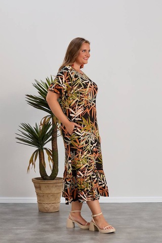 Wearon Kadın Dora Büyük Beden Volanlı Yaprak Desen Siyah Elbise Siyah