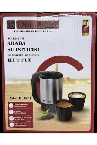 Emka Home Premium 24v Araç İçi Su Isıtıcı Kettle 800 Ml Çakmaklık Girişli Paslanmaz Çelik Kettle