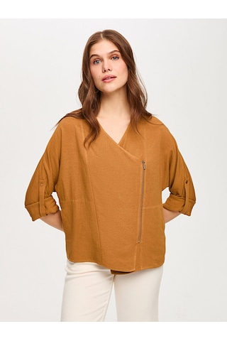 Faik Sönmez Kolu Apoletli Fermuarlı Astarsız Viskon Keten Ceket S26ckt037 Us26ckt03735 Camel