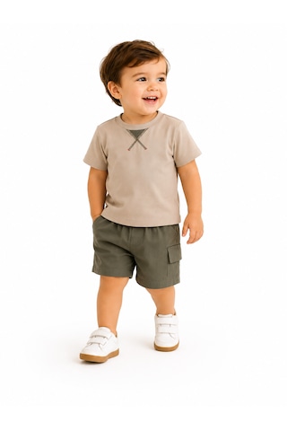 Erkek Çocuk Yazlık Tişört Şort Takımı %100 Pamuk 2'li Takım Haki 2-3-4-5 Yaş