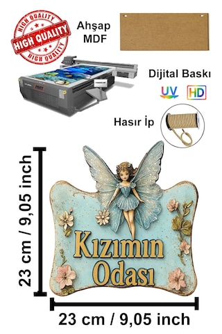 Kızımın Odası Yazılı Melek Tasarımlı Ahşap Mdf Kapı Süsü - Uv Hd Baskılı Eskitme Turkuaz
