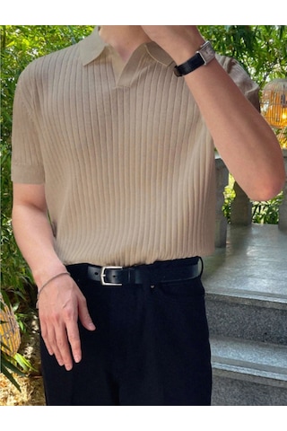 Erkek Fitilli Polo Yaka Triko T-shirt Gri