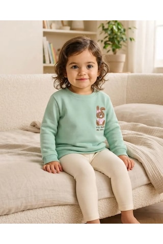 Tuffy Mint Bebek Nil Yeşili Renkli Diagonal Sweatshirt Sevimli Tavşan Nakışlı