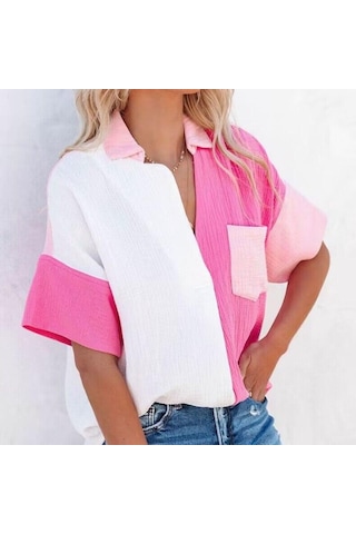 Yaz Moda Rahat Gevşek Gömlek Kadın Patchwork Renk Kısa Kollu Pamuklu Bluz Kadın Düğme Yukarı Gömlek Elbise Tops 26436 Gül Kırmızısı Fuşya