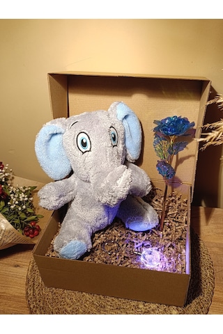 Kutulu Hediye Seti / Peluş Fil 24cm - Renk Değiştiren Işıklı Anahtarlık - Sonsuzluk Gülü