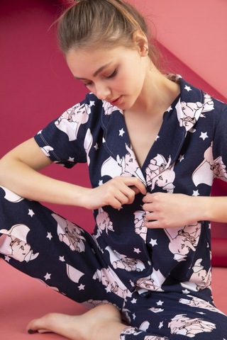 Kadın Düğmeli Desenli Pijama Takımı Koyu Lacivert 1974 Waynap Koyu Lacivert
