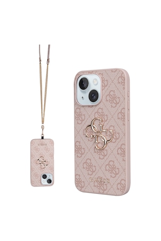 Apple Uyumlu iPhone 15 Plus Kılıf Guess Lisanslı Pu 4g Büyük Metal Logolu Çapraz Vücut Askılı Kapak Pembe Pembe