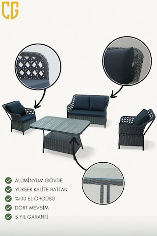 İcon Raddan 2+1+1 Çay Seti Balkon Teras Bahçe Mobilyası El Örgüsü Raddan 4 Kişilik Oturma Grubu Antrasit