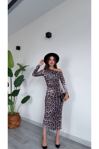 Modadua Tek Omuz Leopar Desenli Midi Elbise Çok Renkli