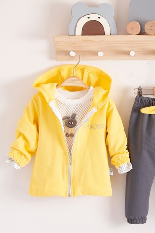 Babydonat Prences Nakışlı Kapişonlu 3'lü % 100 Pamuk Kız Bebek Takımı Sarı