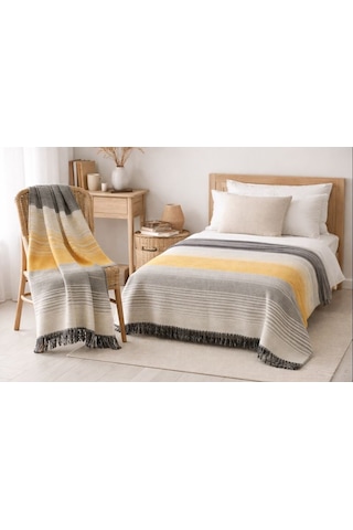 Aksu Allday Çift Kişilik, Pamuklu Battaniye Tv Battaniye 2'li Set 180 X 220 // 130 X 170cm Sarı - Gri - Camel