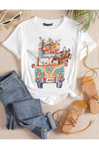Kadin Beyaz Oversize Woswos Baskılı T-shirt Beyaz-67938