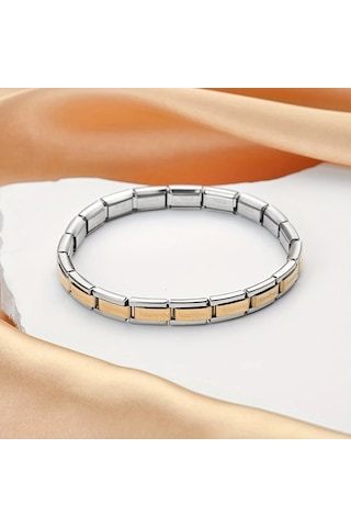 Çelik Bileklik İnce İtalyan Charm Model Unisex Erkek Kadın 3 Mm 18 Cm Ortası Altın Sarısı Kenarı Gümüş Altın - Gümüş