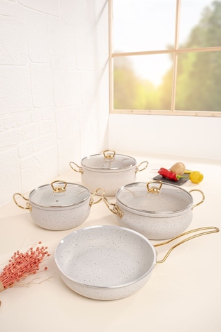 Çarşıdayız 9 Parça Gold Demir Kulp Beyaz Granit Tencere Seti Beyaz