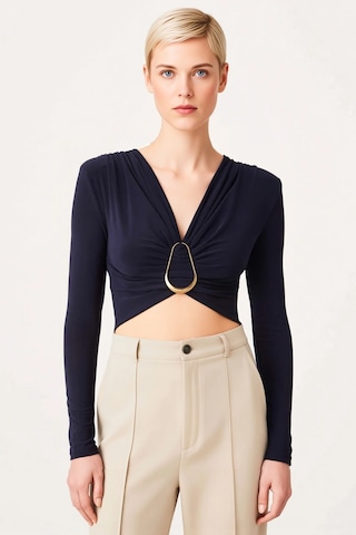 Benerly Kadın Bluz Crop V Yaka Uzun Kol Fitted Kalıp Örme Kumaş Düz Desen Lacivert