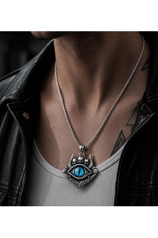 Mavi Ejderha Gözü Kolye Gotik Kafatası Detaylı Paslanmaz Çelik Kolye